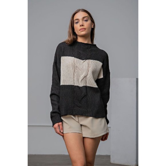 Easel Black Color Blocked Mock Neckline Ribbed Edges Loose Fit Sweater - Picture 4 of 5